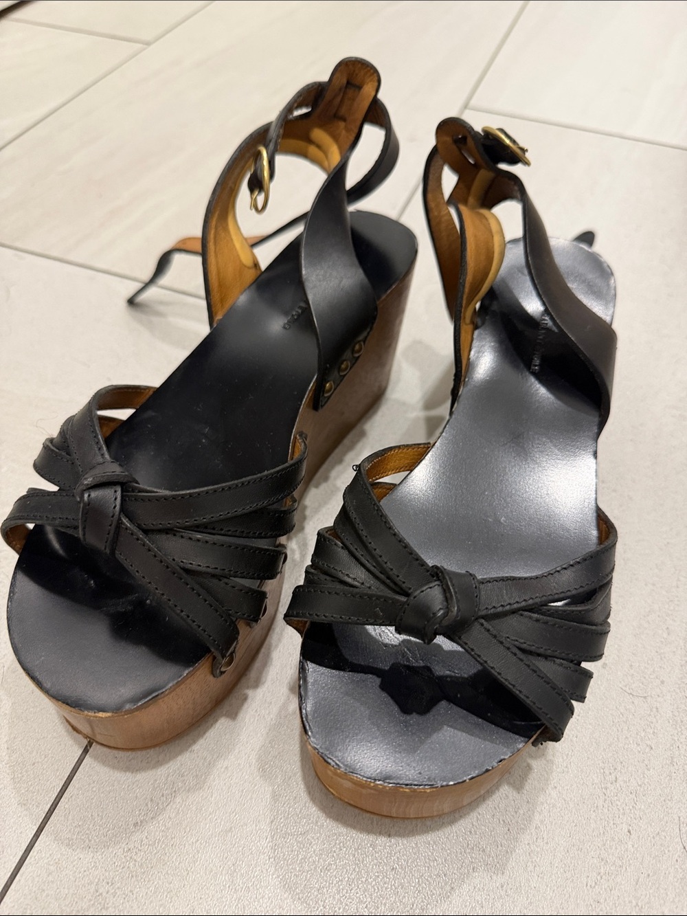 Isabel Marant Black Leather Knot-Front Wooden Platform Wedges